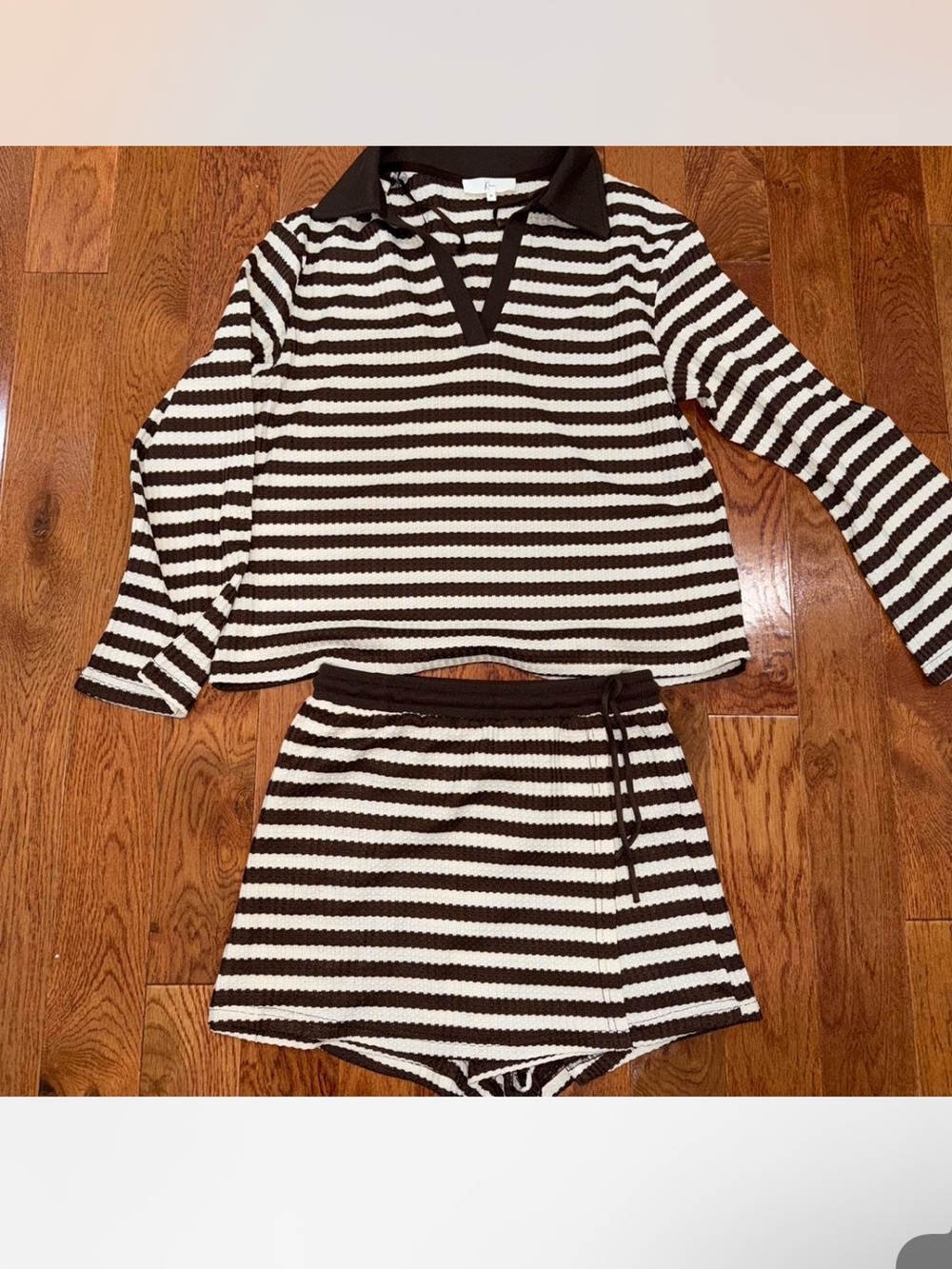 Striped Two-Piece Skort Set in Brown and Cream